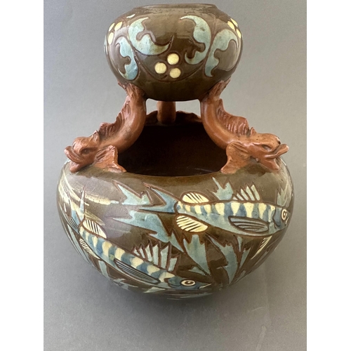 605 - Ceramics: Ceramics: A CH Brannam Dolphin vase by William Baron, dated 1891, ovoid vase with three do... 