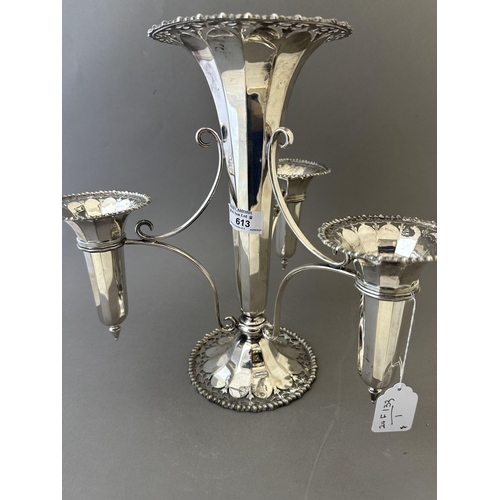 613 - Silver Plate: Silver Plate: Three trumpet epergne by Daniel and Arter Connaught each with a gadroone... 