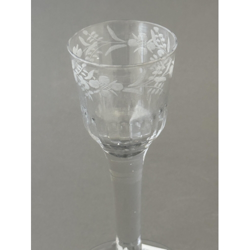 622 - Glassware: Glassware: Three wine glasses, mid 18th century, one with a bell bowl on a plain stem, an... 