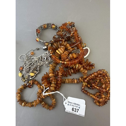 637 - Jewellery: Jewellery: Hallmarked silver and white metal mainly set with amber, three amber necklets ... 