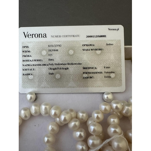 638 - Jewellery: Set of freshwater pearls, 8mm, 60cm length plus pair of 8mm stud earrings. With certifica... 