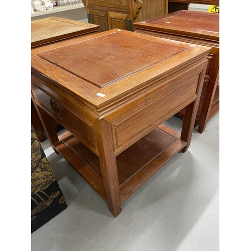 64 - 20th cent. 20th cent. Chinese hardwood square tables with single drawer, plus one other, 22ins. x 22... 