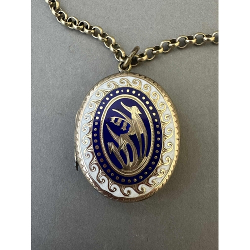 651 - Jewellery: Jewellery: A yellow metal locket, enamelled in blue and white with the image of lilies, t... 