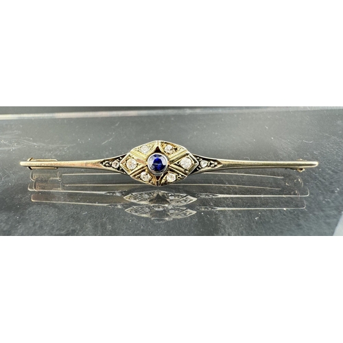 657 - Jewellery: Jewellery: A Finnish 14ct gold Art Deco diamond and sapphire bar brooch, hallmarked for 1... 