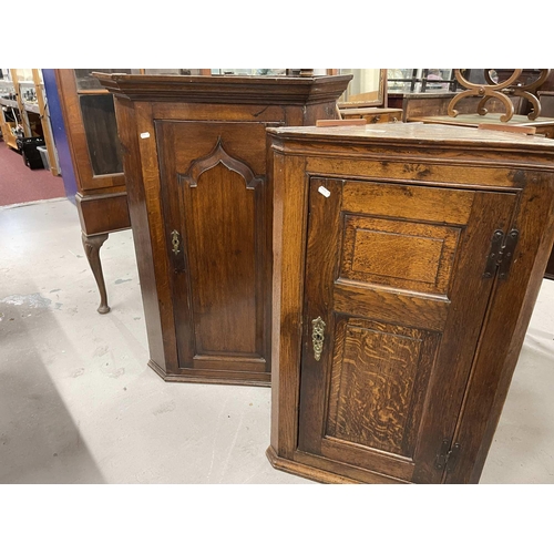 68 - 19th cent: 19th cent: Oak corner cupboard 72cm x 102cm. Plus one other oak and fruit wood example 56... 