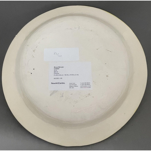 711 - Ceramics: Ceramics: An earthenware plate by Bruce Mclean, stylised decoration to a yellow ground. 'U... 