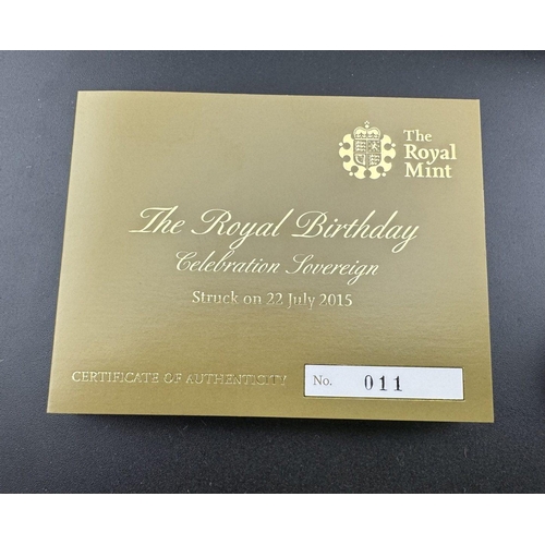 730 - Coins: Coins: The Royal Birthday celebration sovereign, produced by the Royal Mint 2015. Boxed, with... 