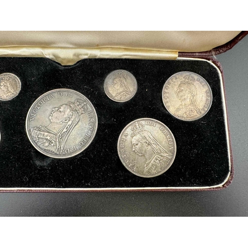 733 - Coins: Coins: A cased 1887 set of seven silver coins, the box reading 'Victoria Jubilee Specimen Set... 