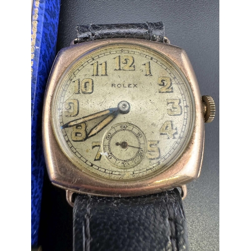 739 - Watches: Watches: Men's Rolex 9ct gold cushion trench watch Art Deco design on leather strap.... 