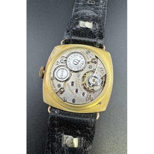 739 - Watches: Watches: Men's Rolex 9ct gold cushion trench watch Art Deco design on leather strap.... 