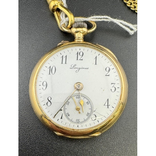 749 - Watches: Watches: Ladies 14ct gold Longines fob watch with subsidiary second hand, on plated 68cm ch... 