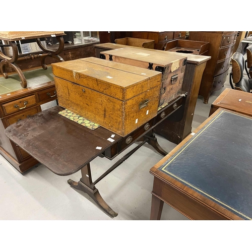 83 - Edwardian: Edwardian: Period mahogany sofa table, rectangular drop leaf top with rounded corners fit... 