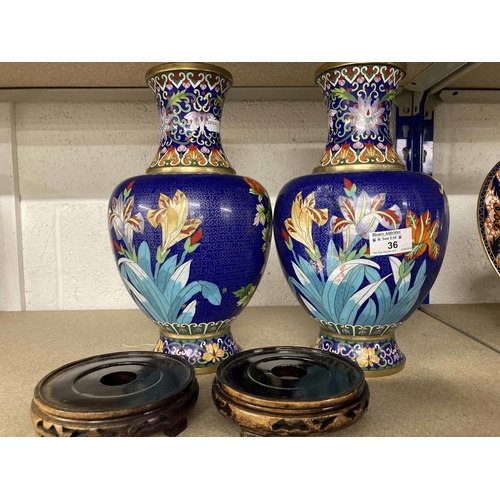 36 - Ceramics: Ceramics: 20th cent. Oriental Cloisonne vases on treen bases 34cms. (1A/F)