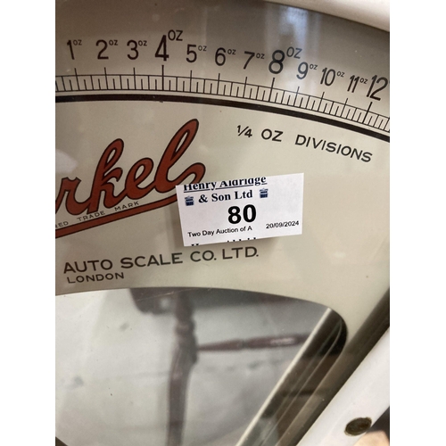 80 - Weighing Scales: Weighing Scales: Shop counter scales by Derkel of London. The body is white enamel ... 