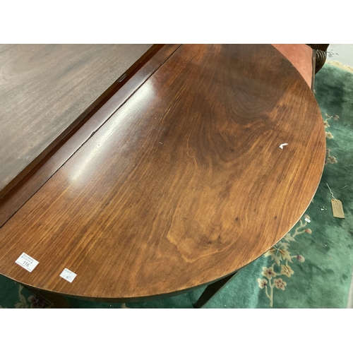 116 - 19 cent. Mahogany D-end dining table with leaf the whole on square tapping supports 102cm dia and 15... 