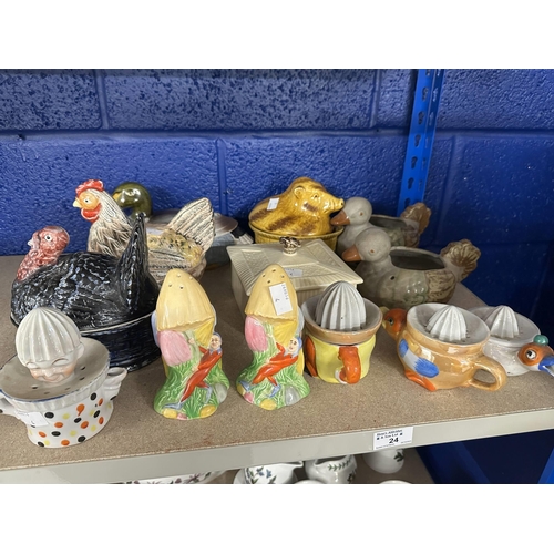 24 - Ceramics: a novelty turkey oval box, a similar chicken, duck, and pig; two Royal Winton pixie sugar ... 