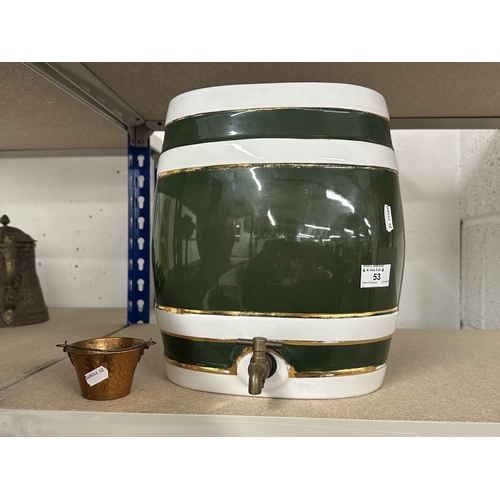 53 - Breweriana: A Dexam Internation green and white glazed sherry barrel, with associated brass tap and ... 