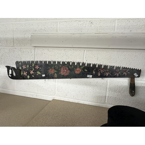 55 - Bargeware/Tools: 19th cent. Two person crosscut/rip saw, later decoration of typical bargeware flora... 