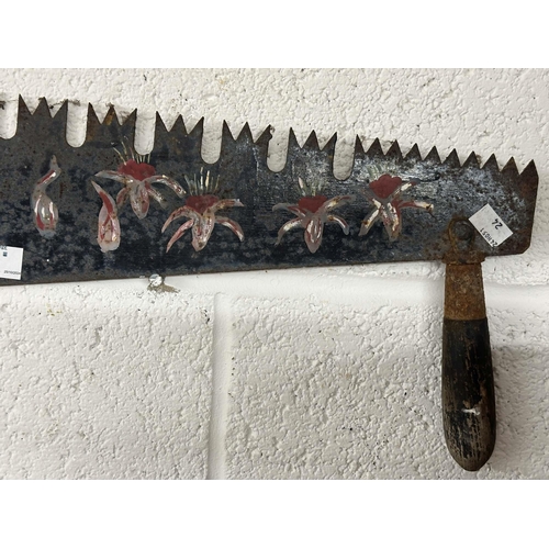 55 - Bargeware/Tools: 19th cent. Two person crosscut/rip saw, later decoration of typical bargeware flora... 