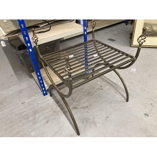 69 - Gardenalia: Neo classical curule stool in wrought iron, 4 brass twist finials.