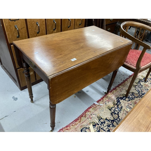 87 - Furniture: 19th cent. Mahogany Pembroke table single end drawer, drop leaves, turned supports rising... 