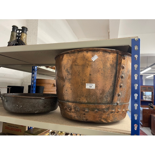 62 - Metalware: Mixed group of copper and brass to include a copper riveted washtub c1880, a Victorian br... 