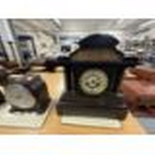 78 - Clocks: Slate clock French movement, enamel face and chapter ring, another slate clock, marble colum... 