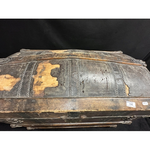 119 - ISMAY FAMILY: ISMAY FAMILY: Iron and leather bound dome trunk with fitted interior. The property of ... 