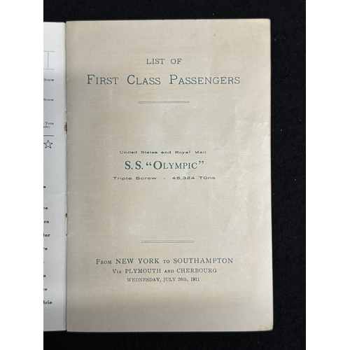 191 - R.M.S. OLYMPIC: R.M.S. OLYMPIC: Rare pre-Titanic First-Class passenger list with E. J. Smith as Capt... 