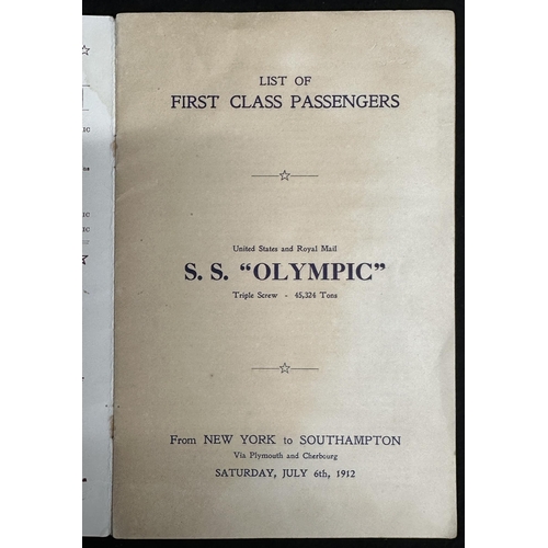 194 - R.M.S. OLYMPIC: R.M.S. OLYMPIC: First-Class passenger list July 6th 1912.... 