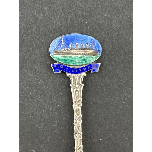 201 - R.M.S. OLYMPIC: R.M.S. OLYMPIC: Rare silver hallmarked Birmingham 1933 enamelled souvenir spoon. 10c... 