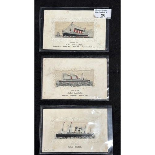 26 - OCEAN LINER: OCEAN LINER: Silk postcards of R.M.S. Lusitania, Caronia and Celtic.... 