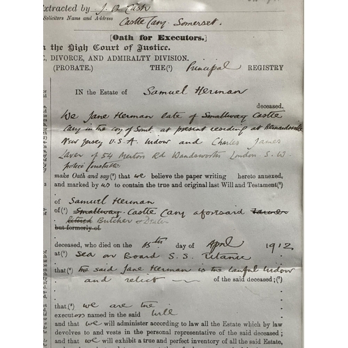 291 - R.M.S. TITANIC: R.M.S. TITANIC: Second-Class passenger Samuel Herman - rare probate document relatin... 