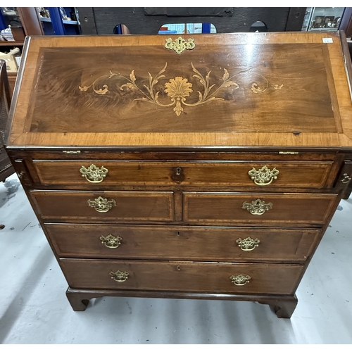 106 - Furniture: Furniture: 18th cent. Mahogany bureau, drop flap with floral inlay, opens to reveal fully... 