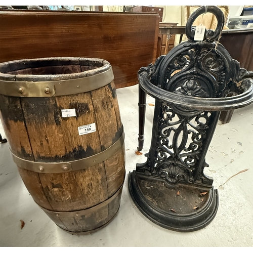 150 - Furniture: Furniture: 19th century oak coopered barrel (Firkin size) brass bound. 51cm tall. Plus a ... 