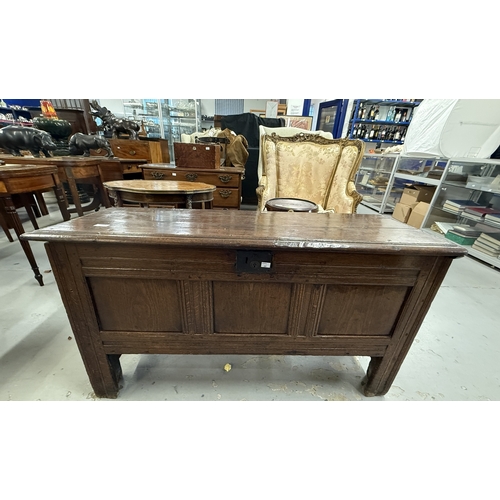 151 - Furniture: Furniture: 17th century oak peg jointed coffer three panel front, wire hinges, two plank,... 