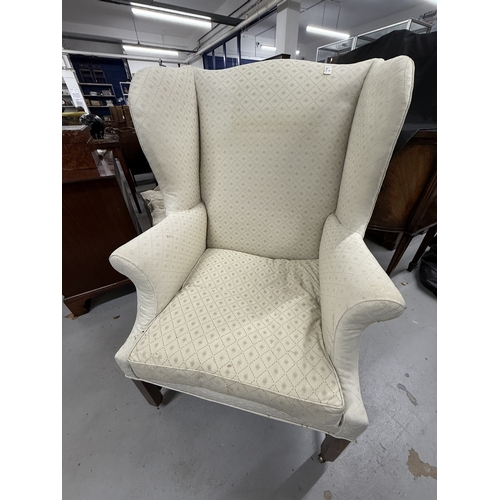 158 - Furniture: Furniture: Early 19th century his and hers wingback elbow chairs matching ivory fabric, f... 