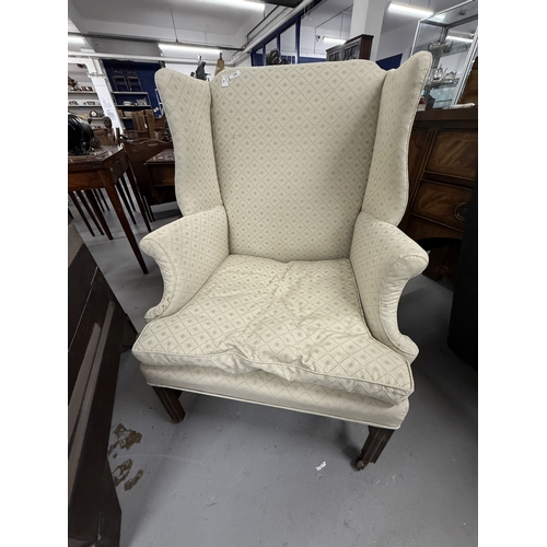 158 - Furniture: Furniture: Early 19th century his and hers wingback elbow chairs matching ivory fabric, f... 