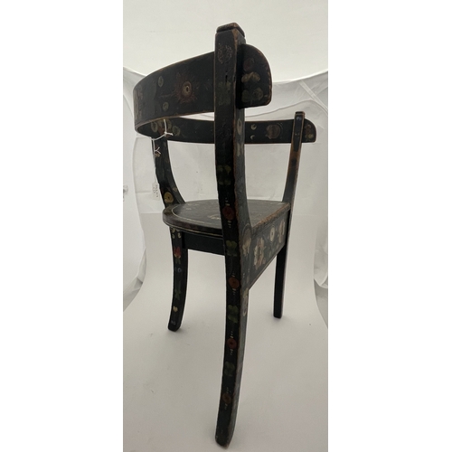 160 - Furniture: Furniture: Norwegian Folk Art painted chair, stained black wood ground on three legs. Dec... 