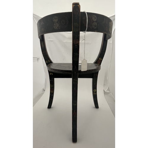 160 - Furniture: Furniture: Norwegian Folk Art painted chair, stained black wood ground on three legs. Dec... 