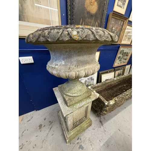 188 - Gardenalia: Gardenalia: 20th century pair of Neo-Classical style urns on pedestal stands. 140cm x 80... 