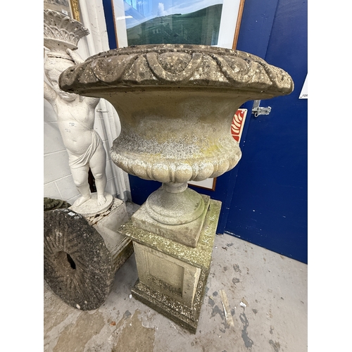 188 - Gardenalia: Gardenalia: 20th century pair of Neo-Classical style urns on pedestal stands. 140cm x 80... 