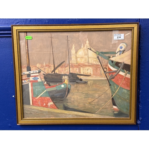 216 - Artwork: Artwork: PG Needell, oil on board of a Venetian canal scene, St Marks in the background. 48... 