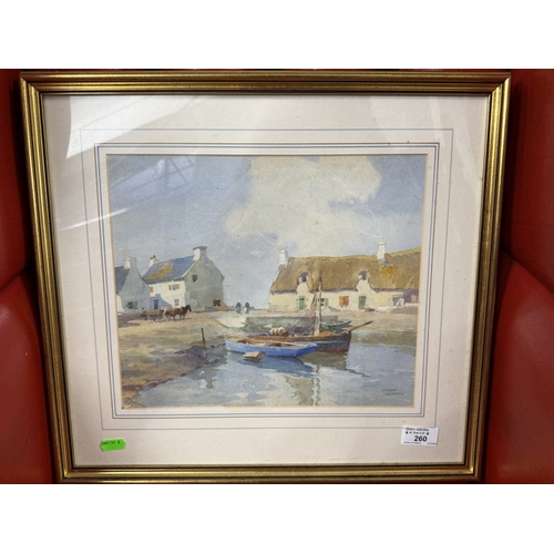 260 - Watercolour Watercolour: Habour view by Frank Sherwin. Framed under glass, plus a collection of mixe... 