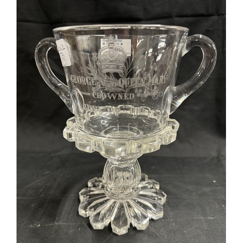 308 - Glass: Glass: Commemorative glass George V and Queen Mary 1911, etched cut glass. Height 21cm.... 