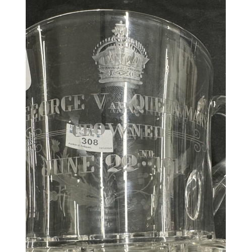 308 - Glass: Glass: Commemorative glass George V and Queen Mary 1911, etched cut glass. Height 21cm.... 