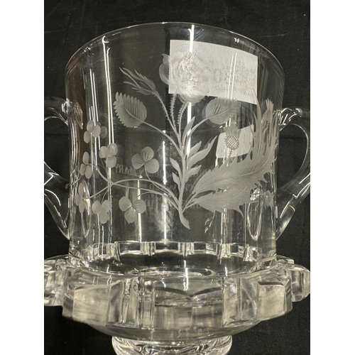 308 - Glass: Glass: Commemorative glass George V and Queen Mary 1911, etched cut glass. Height 21cm.... 