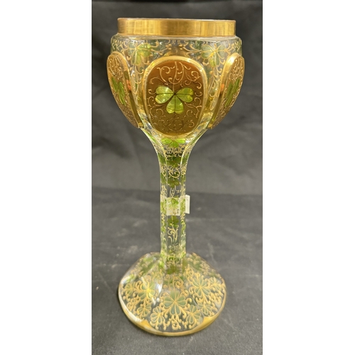 309 - Glass: Glass: 19th century Bohemian glass overlaid crystal goblet decorated with green shamrocks wit... 