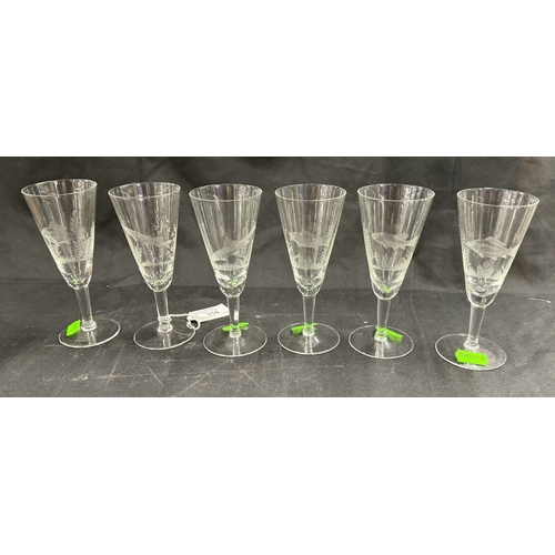 310 - Glassware: Glassware: A set of six tapering wine or aperitif glasses, each engraved with a different... 