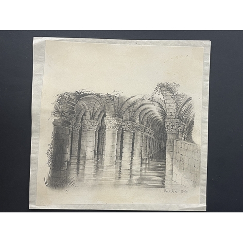 336 - Pencil Sketch Art: John Ruskin 1819-1900 pencil sketch of the underground basilica cistern in Istanb... 